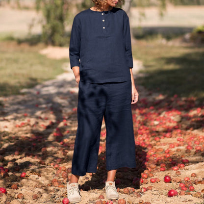 Conjunto de dos piezas con cuello redondo, botones y pantalones anchos de pierna ancha para mujer, talla grande
