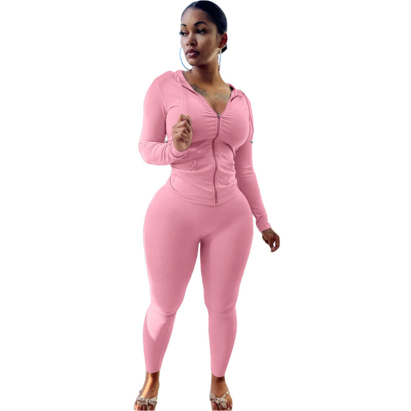 Conjunto deportivo informal para mujer, con capucha y pantalones ajustados, color liso, con cremallera