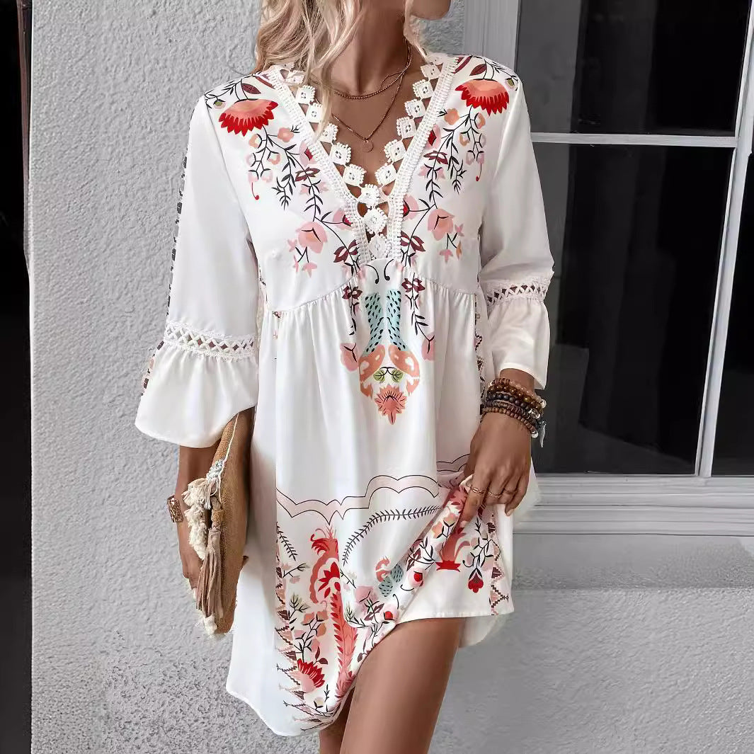 Vestido bohemio informal con estampado floral y escote en V y mangas abullonadas para mujer