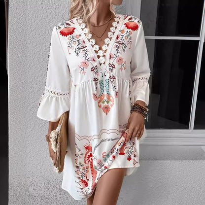 Vestido bohemio informal con estampado floral y escote en V y mangas abullonadas para mujer