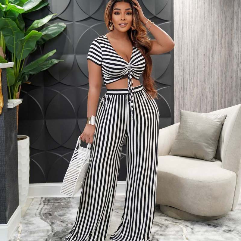 Women Fashion Casual Stripe Print Drawstring Short Sleeve Top Loose Pants Set