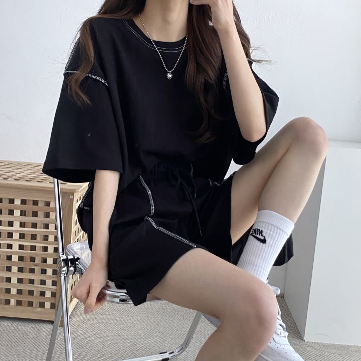 Women Fashion Casual Loose Round Neck Short Sleeve Top Drawstring Shorts Two-Piece Set