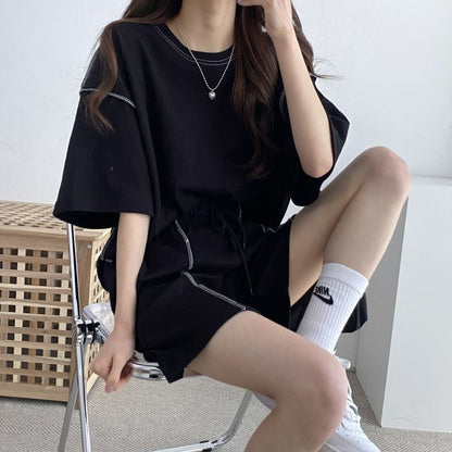 Women Fashion Casual Loose Round Neck Short Sleeve Top Drawstring Shorts Two-Piece Set