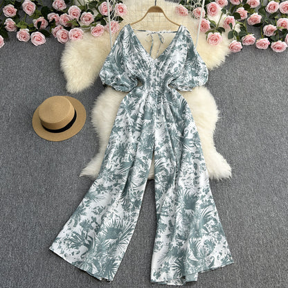 Mono elegante de manga corta con cuello en V, informal, de cintura alta, con estampado celadón, recto y pierna ancha para mujer.