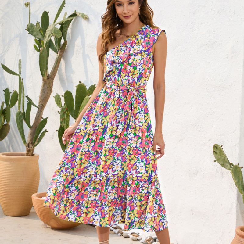 Women Casual One-Shoulder Bandage Floral Printing Dress
