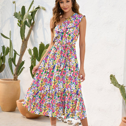 Women Casual One-Shoulder Bandage Floral Printing Dress