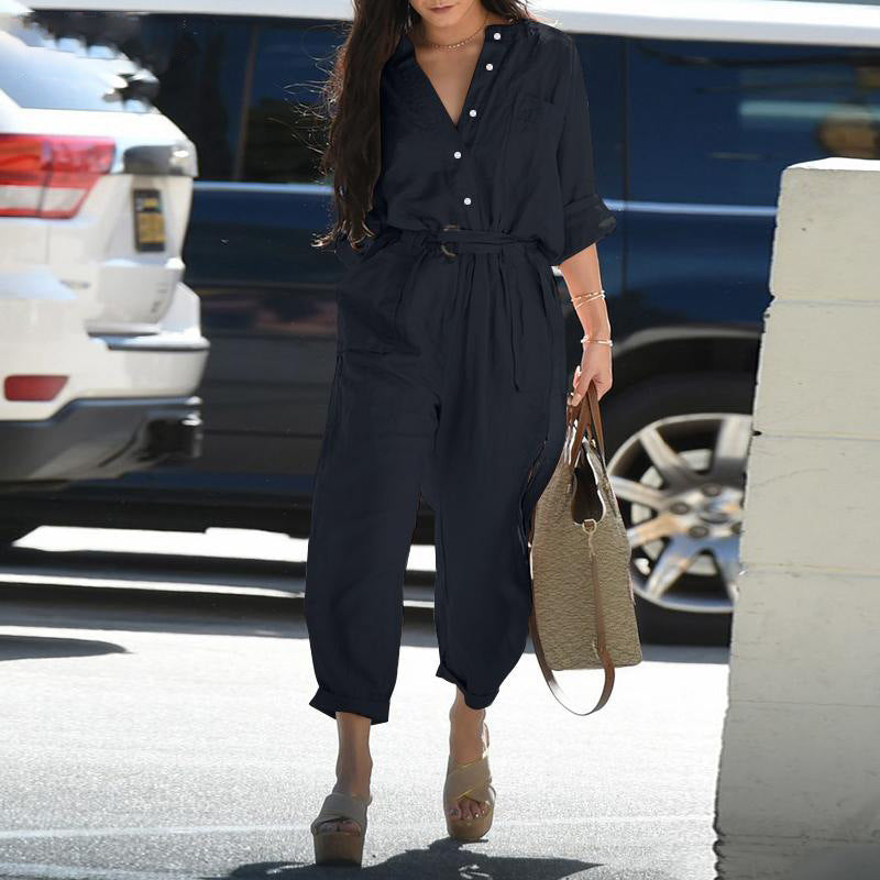 Women Fashion Casual Button Belt Cargo Jumpsuits
