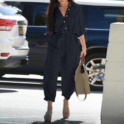 Women Fashion Casual Button Belt Cargo Jumpsuits