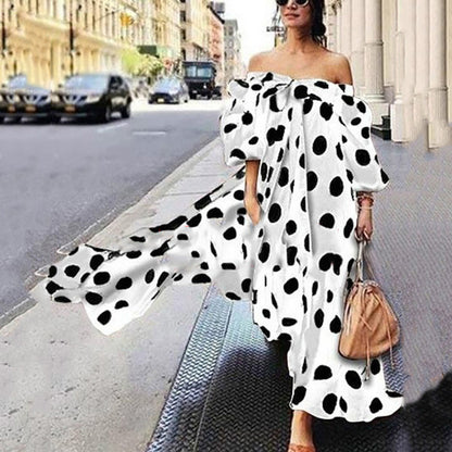 Women Elegant Casual Off-the-shoulder Polka Dot Boho Ruffled Maxi Dress