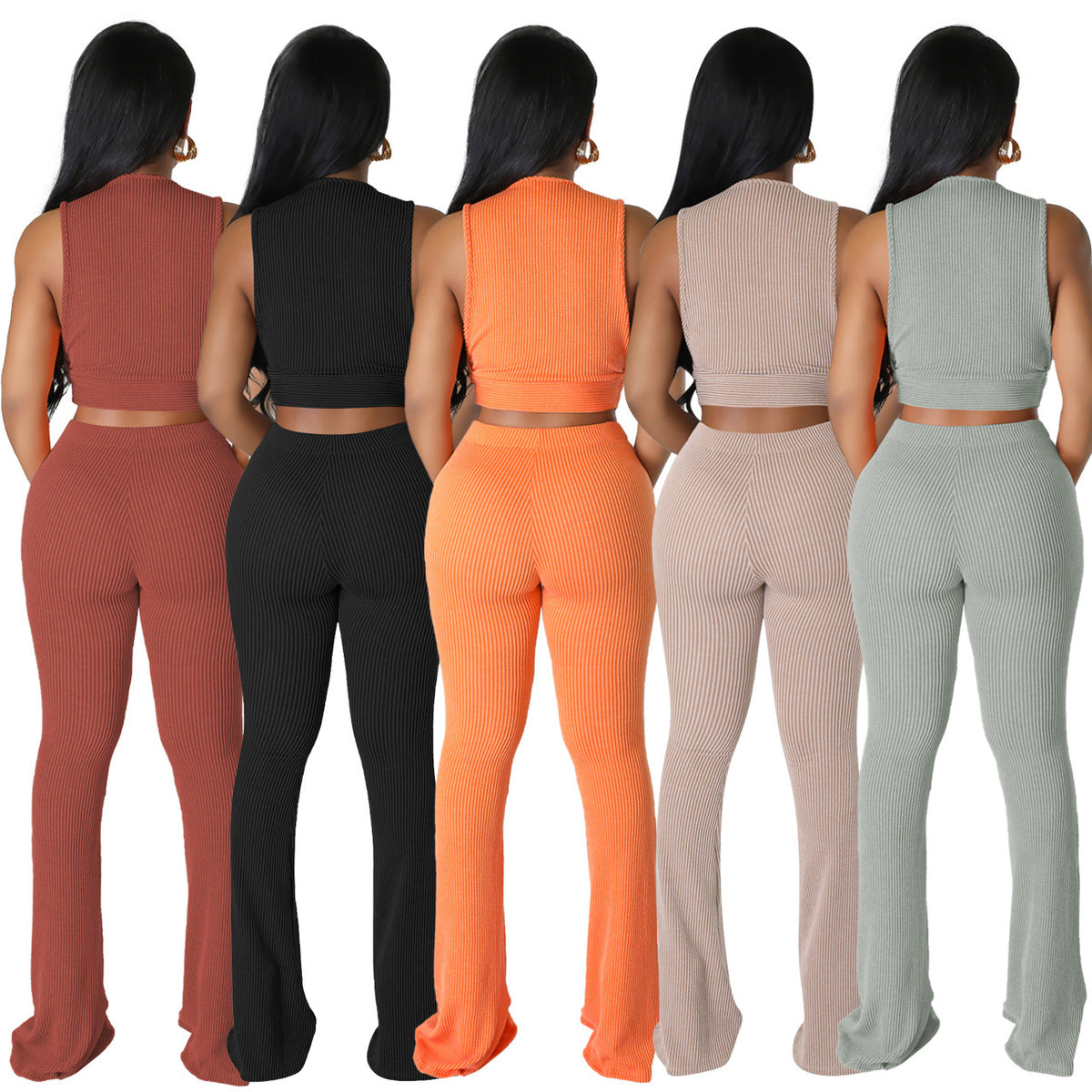 Conjunto de dos piezas formado por top y pantalón sin mangas, color liso, informal, a la moda para mujer