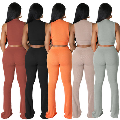 Conjunto de dos piezas formado por top y pantalón sin mangas, color liso, informal, a la moda para mujer