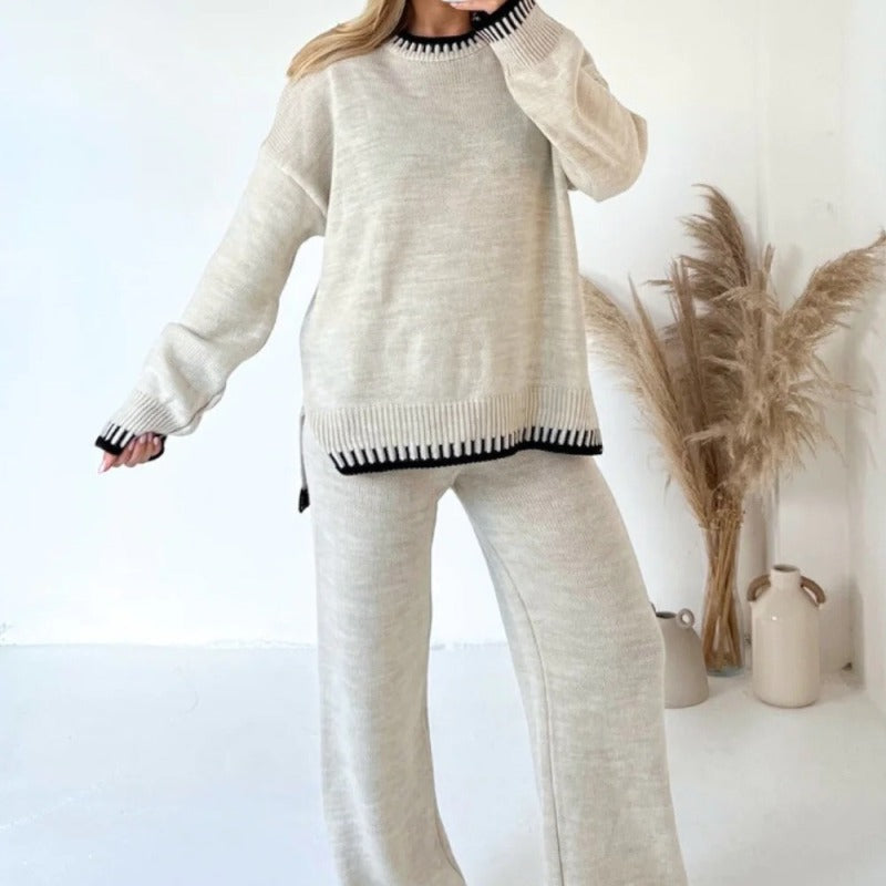 Casual Winter Fashion Solid Color Women Loose Knitted Sweater Pants Two-Piece Set