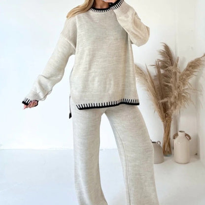 Casual Winter Fashion Solid Color Women Loose Knitted Sweater Pants Two-Piece Set