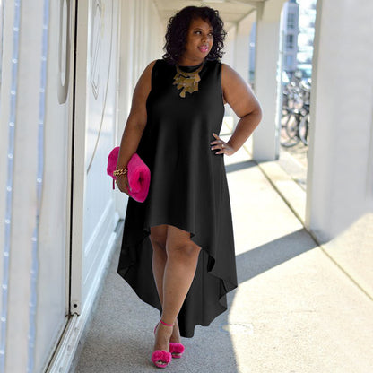 Women Fashion Casual Plus Size Loose Solid Color Round Neck Sleeveless Irregular Skirt Dress