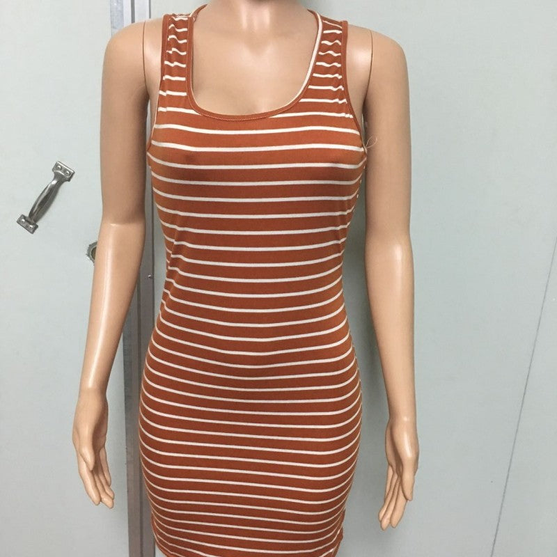 Women'S Fashion Casual Stripe Slim Fit Sleeveless Tank Top Long Dress