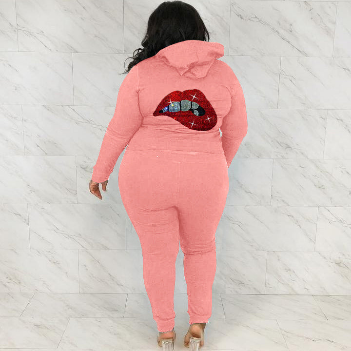 Conjunto informal de dos piezas con top y pantalones de manga larga con estampado de labios y diamantes de imitación para mujer