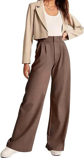 Women Fashion Casual Solid Color High Waist Wide Leg Pants