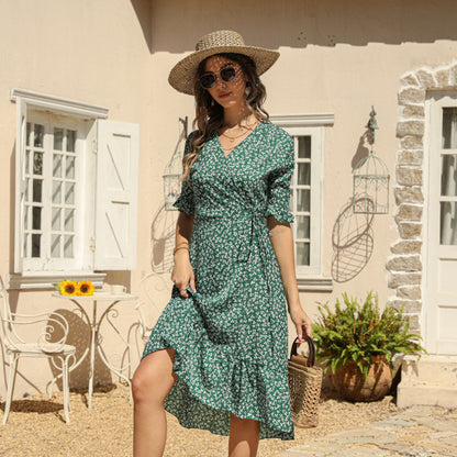 Women Summer Vacation Casual A-Line Short Sleeve Floral Wrap Dress