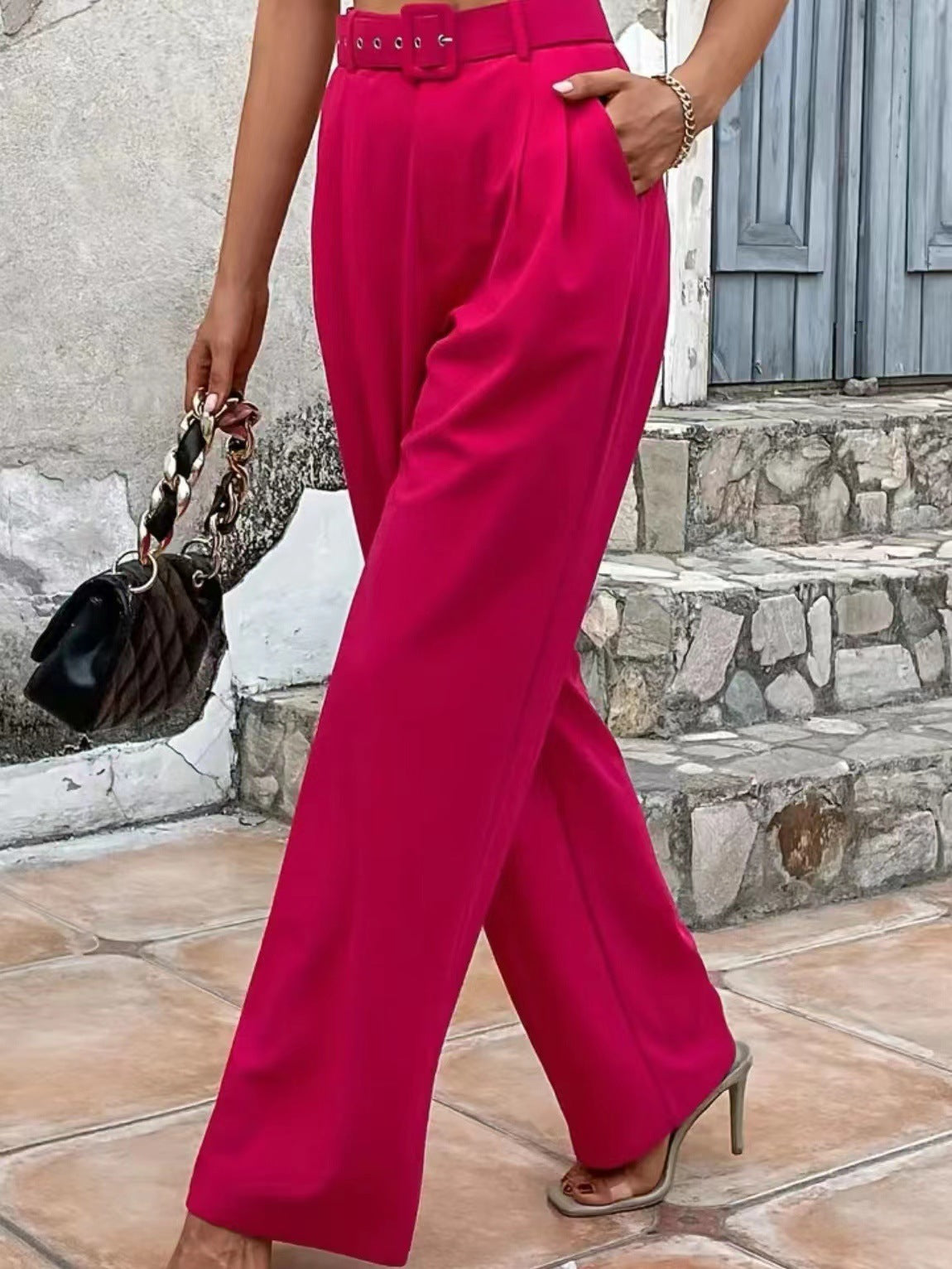 Women Fashion Casual High Waist Solid Color Straight Leg Pants