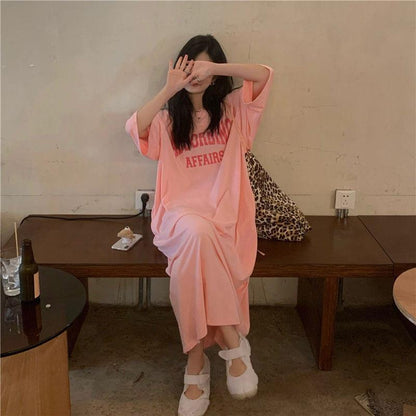 Women Casual Loose Crewneck Alphabet Print Maxi Dress