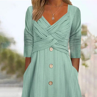 Casual Fashion Women Solid Color V Neck Cross Design Buttoned Maxi Dress
