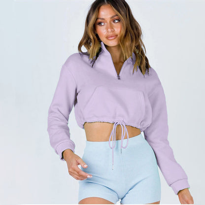 Sudadera corta informal de cuello alto con cremallera y color liso para mujer