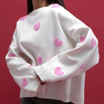 Women Fashion Cute Heart-Shaped Round Neck Winter Loose Casual Knitted Sweater