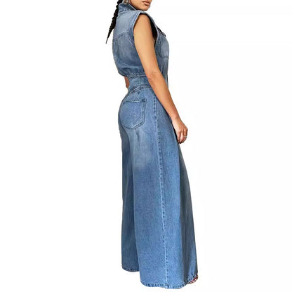 Women Fashion Casual Washed Sleeveless Denim Wide Leg Jumpsuits