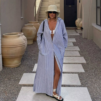 Camisa informal de manga larga con solapa y rayas para mujer, con un solo pecho