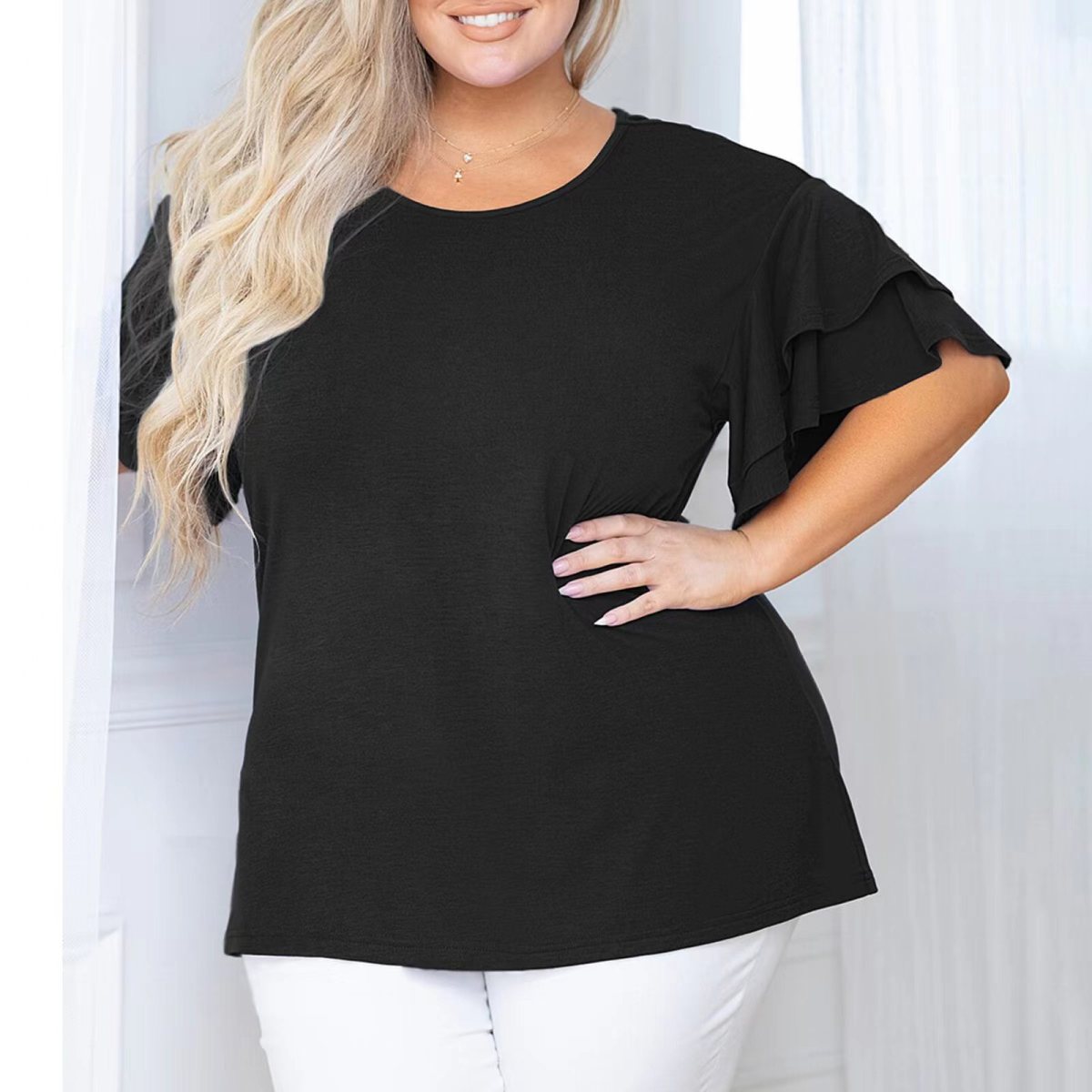 Summer Women Casual Plus Size Solid Color Round Neck Ruffle Short Sleeve Top