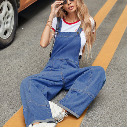 Women Fashion Casual Solid Color Street Style Loose Denim Jumpsuits