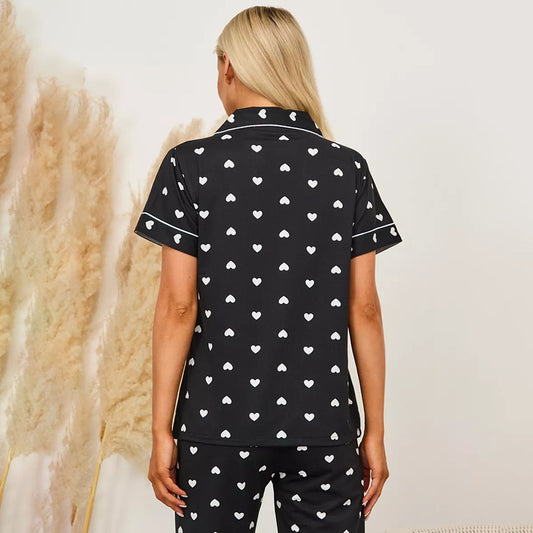 Conjunto de pijama informal de manga corta con estampado de corazones para mujer