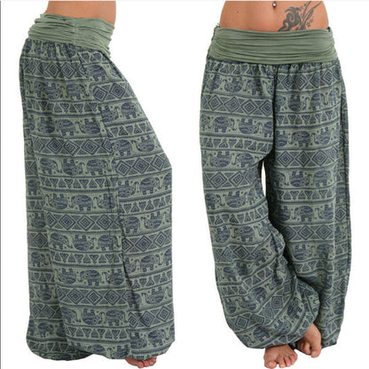 Women Casual Loose Printed High Waist Plus Size Wide Leg Pants