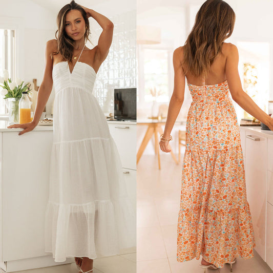 Vacation Women Casual Tiny Flower Print Backless Maxi Dress