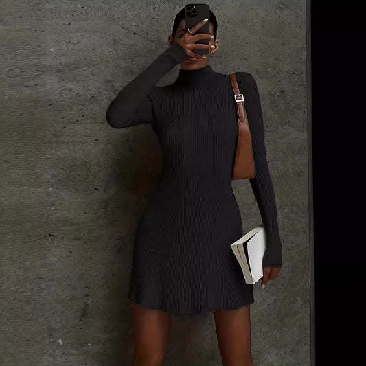 Vestido ajustado de punto de manga larga de color liso informal para mujer de otoño e invierno