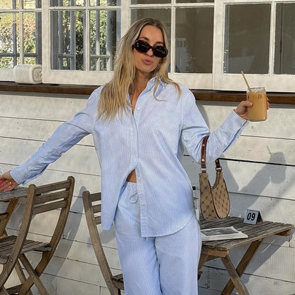 Camisa de manga larga con solapa y rayas informal sencilla para mujer