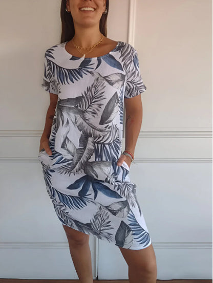 Vestido informal holgado con estampado de cuello redondo y manga corta con bolsillos para mujer