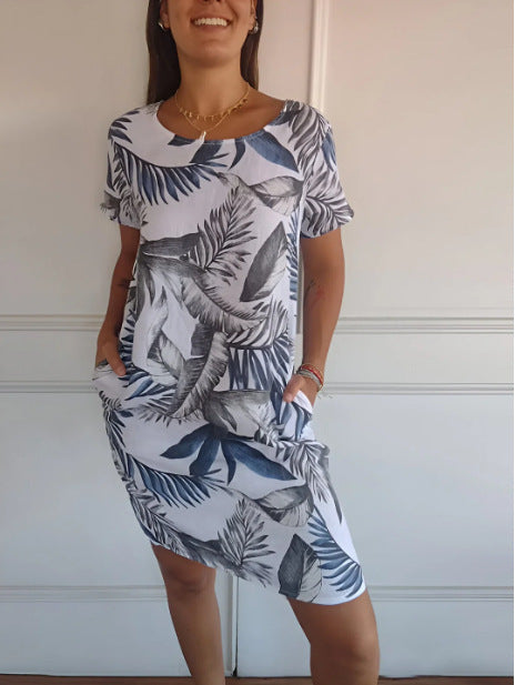 Vestido informal holgado con estampado de cuello redondo y manga corta con bolsillos para mujer