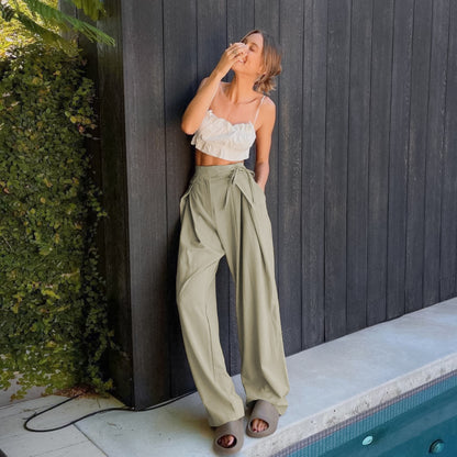 Pantalones casuales de cintura alta holgados de color sólido a la moda para mujer