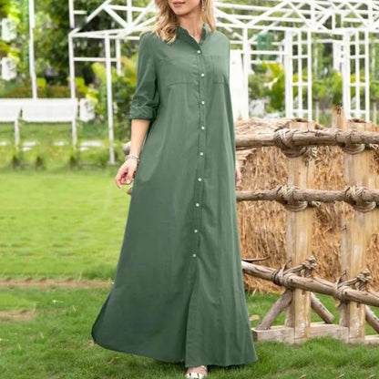 Women Casual Fshion Solid Color Long Sleeve Single-Breasted Maxi Shirt Dress