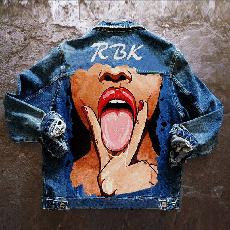 Chaqueta vaquera informal de manga larga con estampado gráfico y botonadura sencilla para mujer