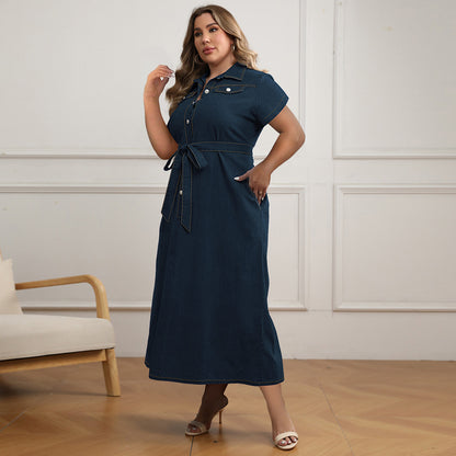 Women Fashion Casual Plus Size Lapel Short Sleeve Lace-Up Loose Denim Dress