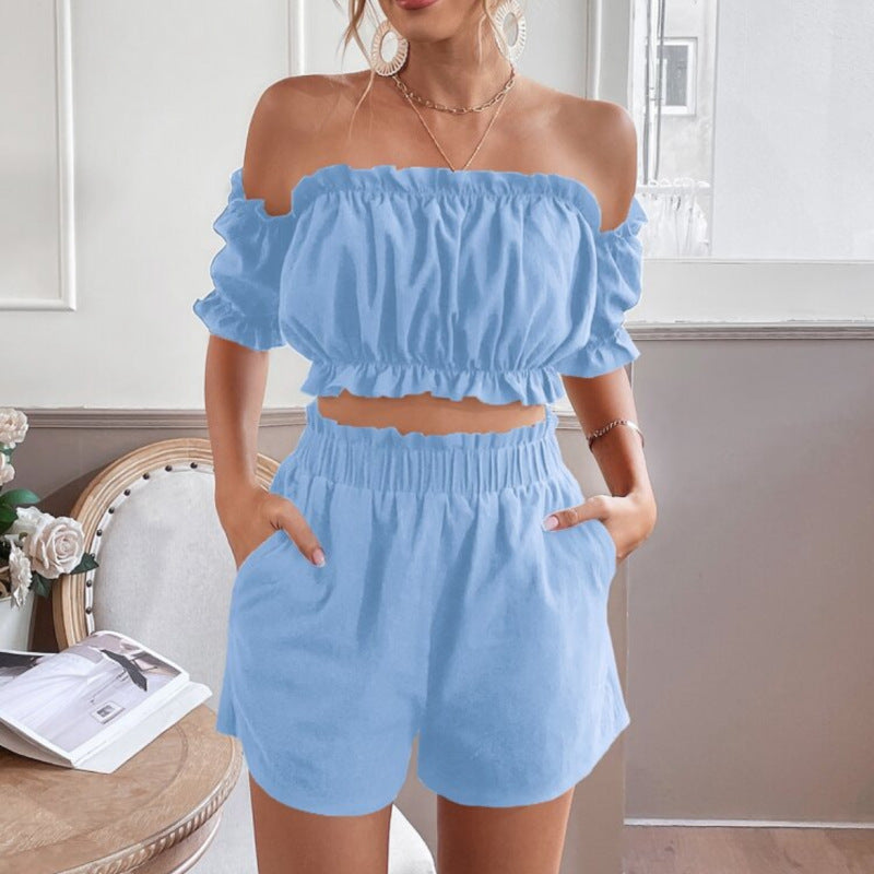 Casual Women Solid Color Off Shoulder Ruffle Short Sleeve Fashion Shorts Sets