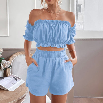 Casual Women Solid Color Off Shoulder Ruffle Short Sleeve Fashion Shorts Sets