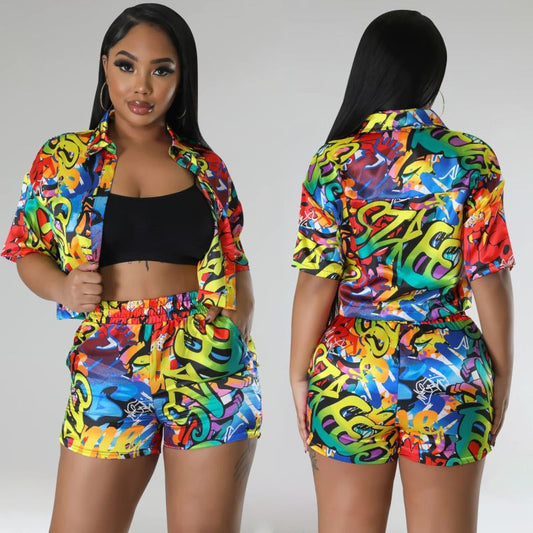 Conjunto de dos piezas de manga corta con solapa y estampado informal de verano para mujer