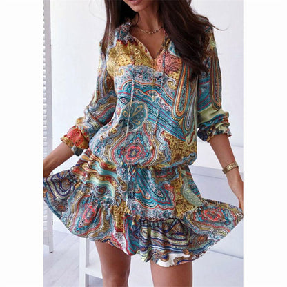 Fashion Casual Women Floral Paisley Printed Long-Sleeved Ruffled Dress