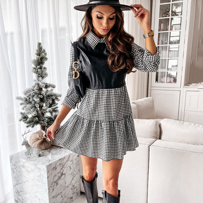 Women Casual Vintage Plaid Pattern PU Leather Patchwork Lapel Long Sleeve Casual Dress