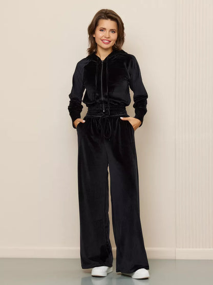 Conjunto de dos piezas de cárdigan con cremallera y pantalones de terciopelo con cordones para mujer, informal y a la moda.