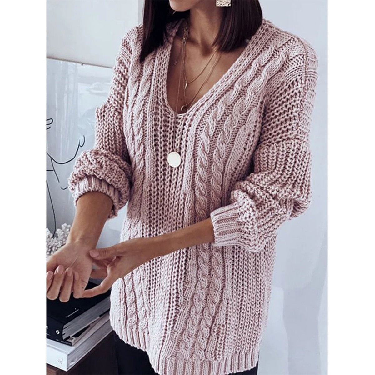 Women Fashion Casual Loose V-Neck Knitted Sweater