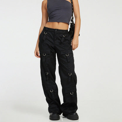Women Fashion Casual Solid Color Loose Straight Leg Cargo Pants
